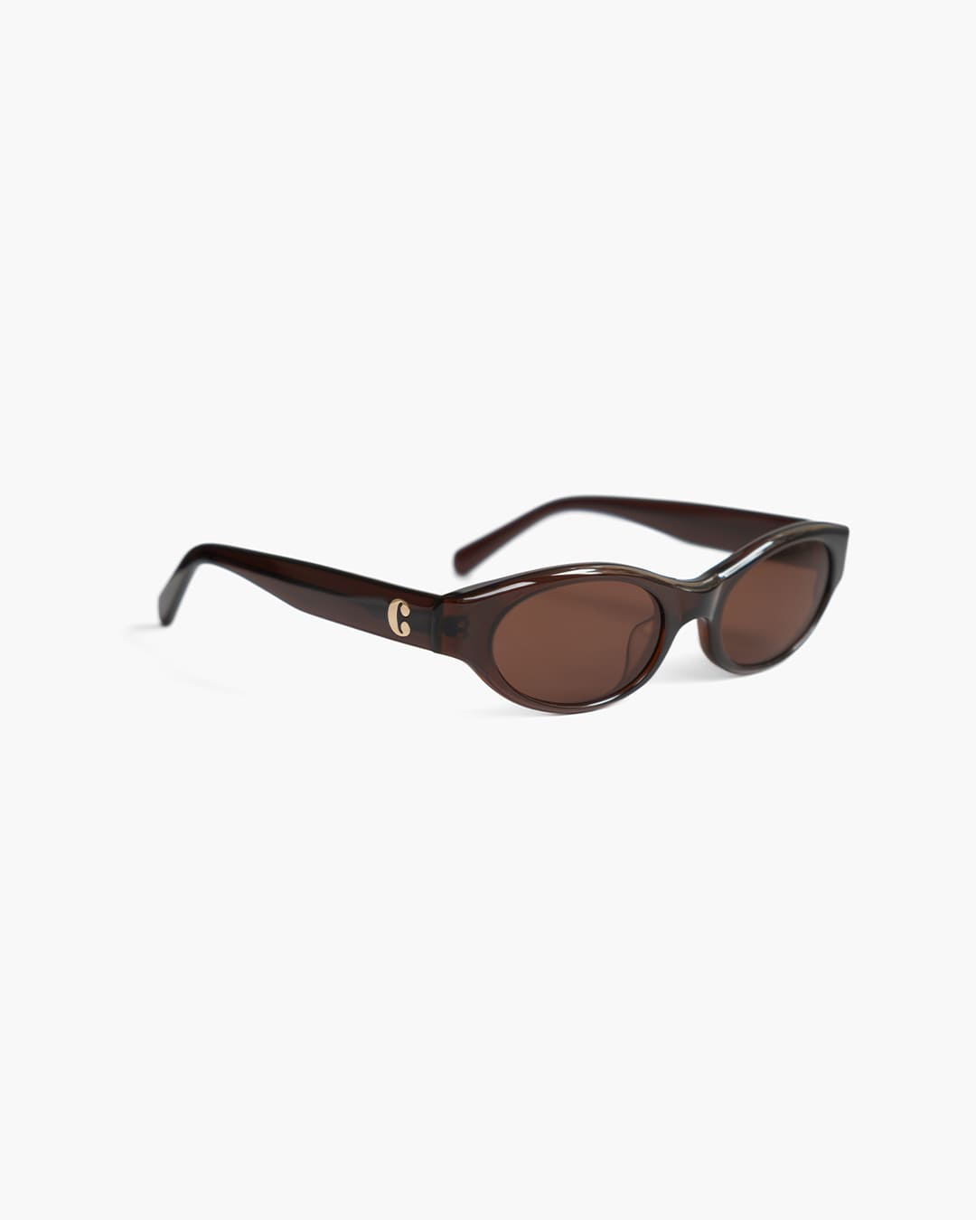 Brown sunglasses with a logo on a white background