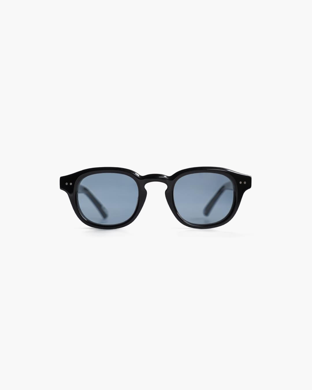 Black sunglasses with blue lenses on a white background