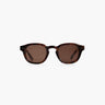Sunglasses with tortoiseshell frame and dark lenses on a white background