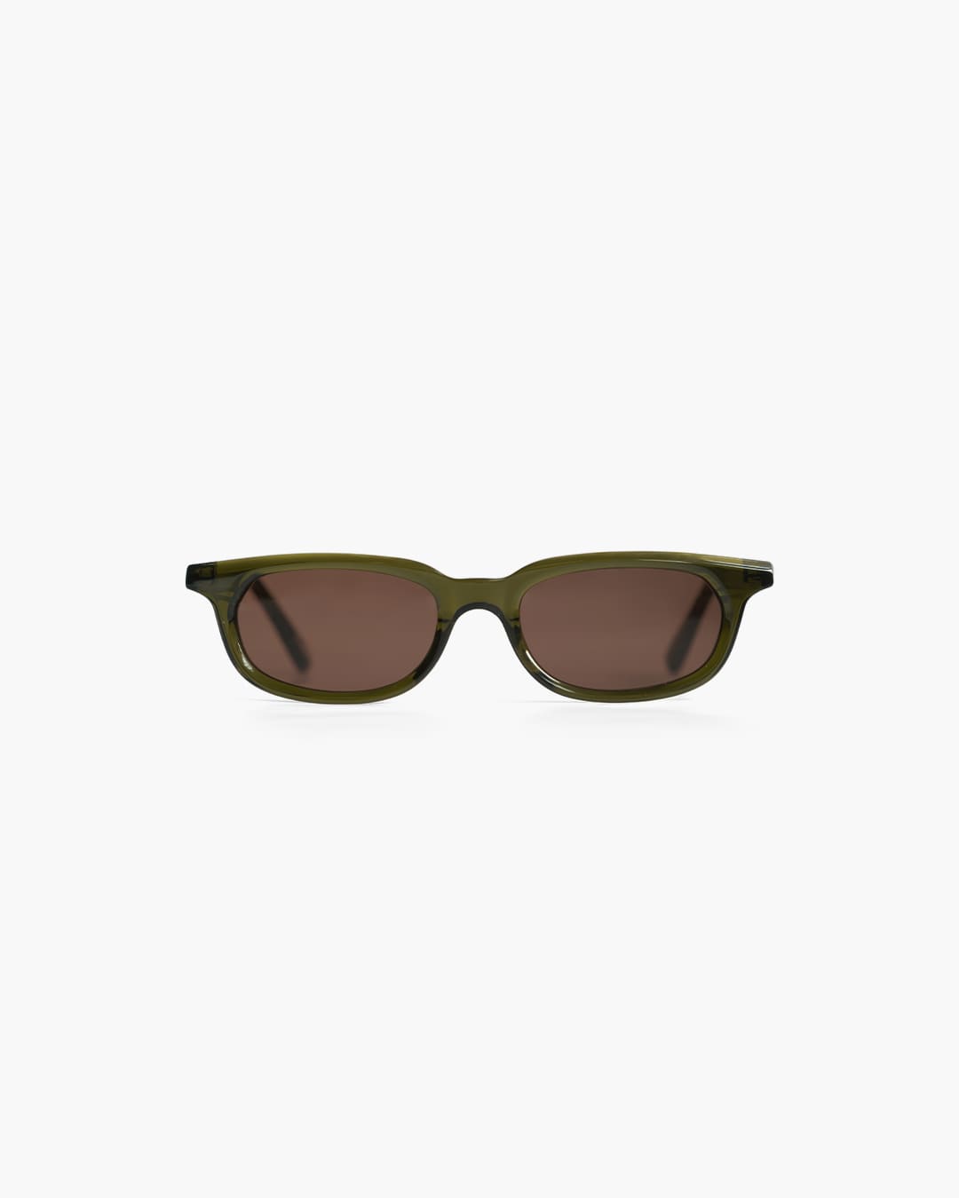 Olive green sunglasses with brown lenses on a white background