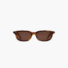 Sunglasses with tortoiseshell frame and brown lenses on a white background