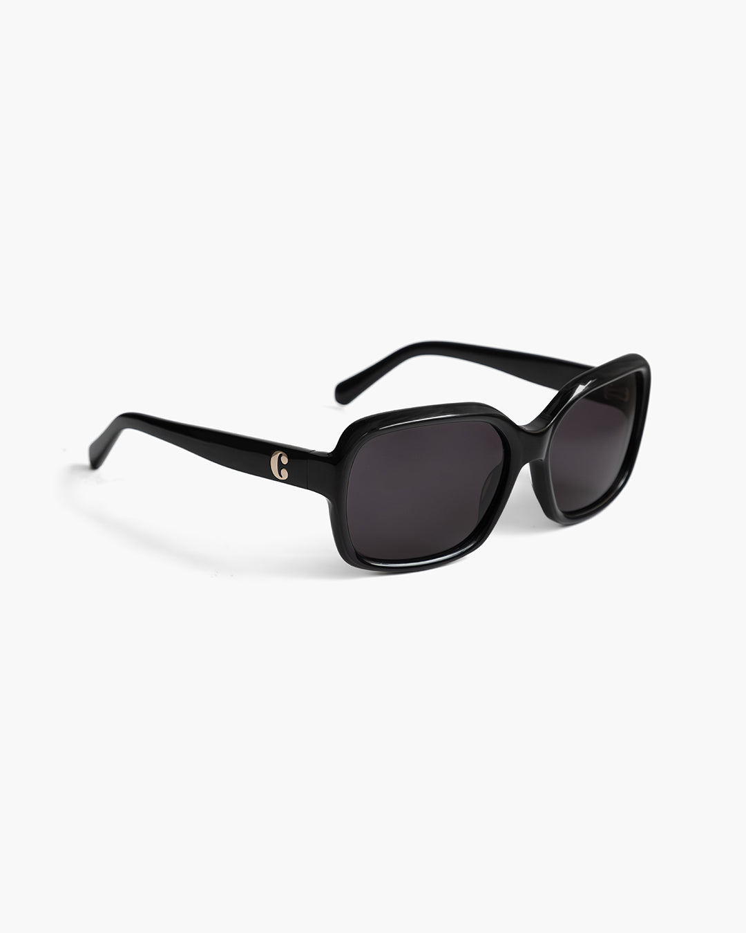 Corlin Eyewear Lana Black Black sunglasses — close-up of squared acetate frame and German OBE hinges