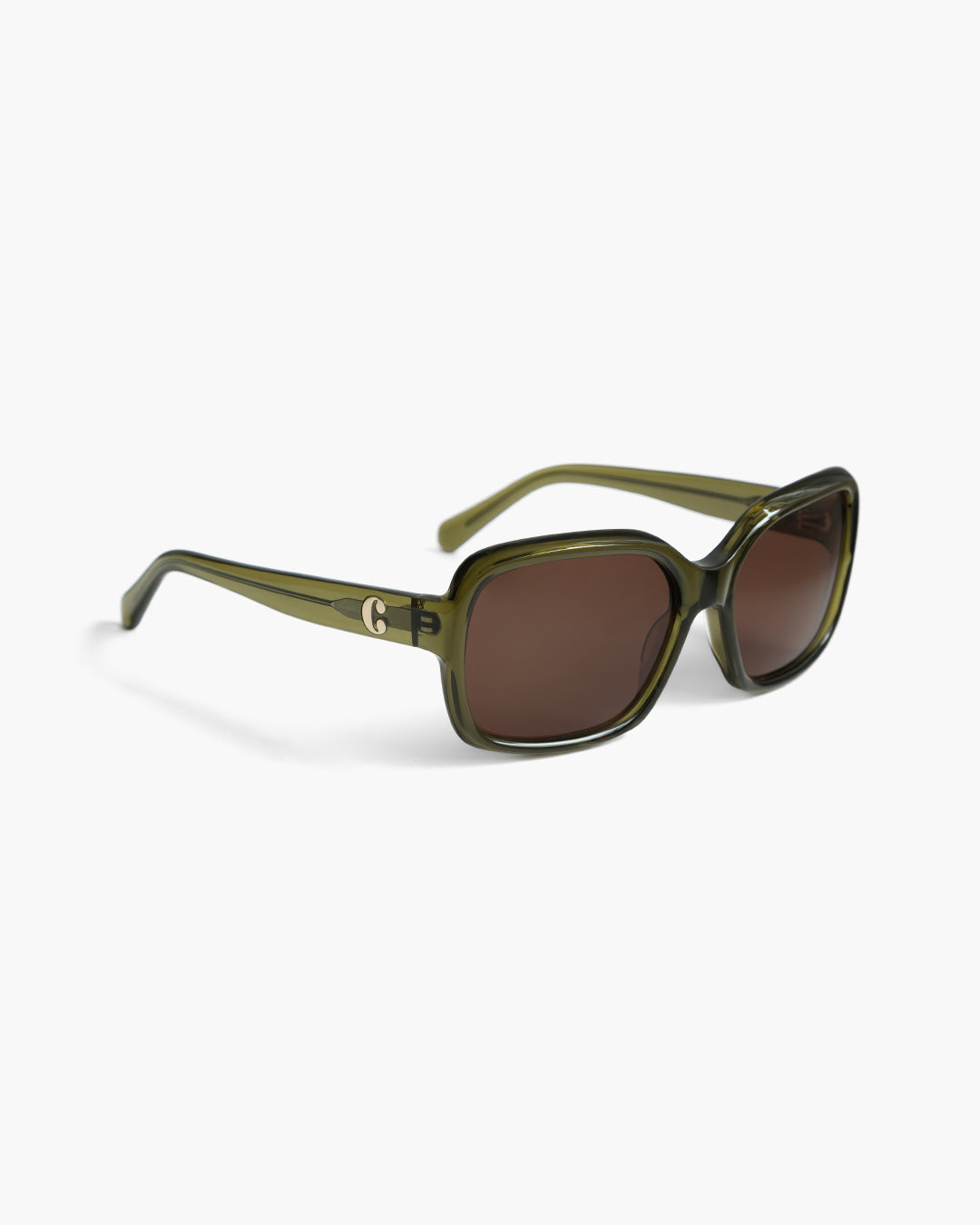 Corlin Eyewear Lana Olive Brown sunglasses — side profile showing German OBE hinges and curved acetate frame