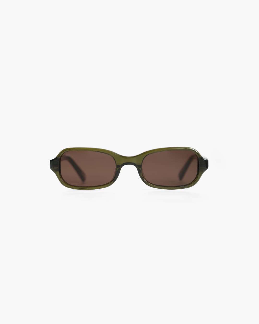 Sunglasses with a green frame and brown lenses on a white background