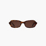 Sunglasses with tortoiseshell frame and brown lenses on a white background