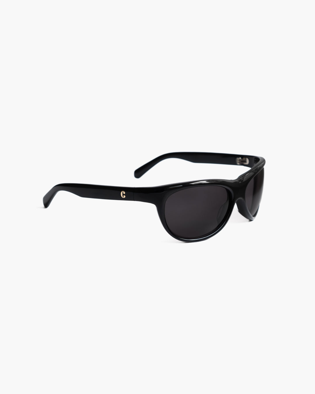 Corlin Eyewear Lynne Black sunglasses — side profile showing German OBE hinges and curved acetate frame