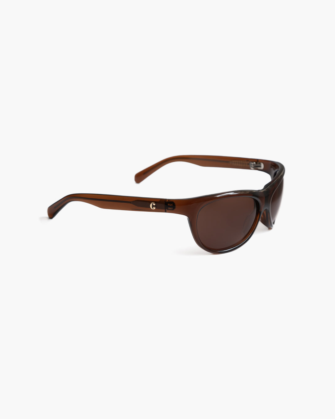 Corlin Eyewear Lynne Brown Brown sunglasses — side profile showing German OBE hinges and curved acetate frame