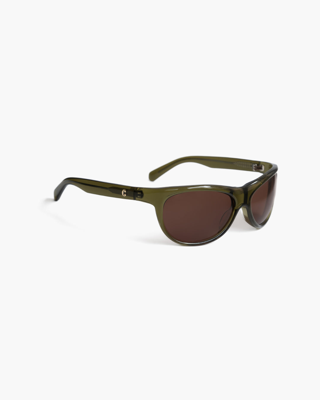 Corlin Eyewear Lynne Olive Brown sunglasses — side profile showing German OBE hinges and curved acetate frame