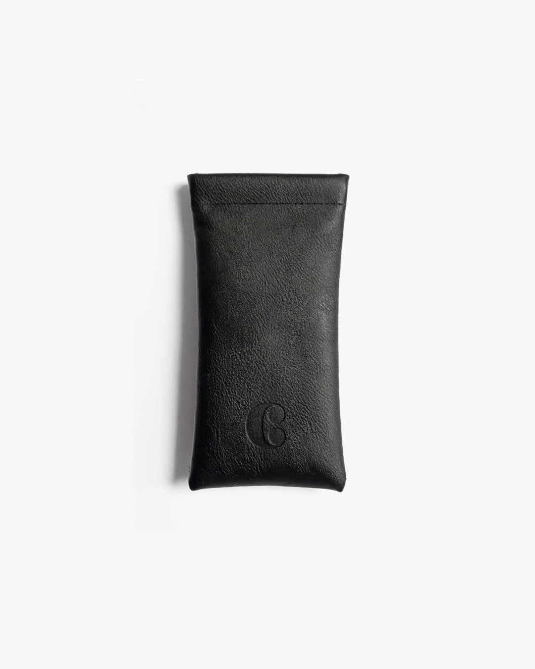 Black faux leather pouch with a brand logo on a white background